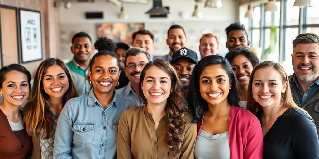 Diverse franchise owners smiling in a successful business setting.