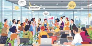 Diverse team collaborating in a modern office environment.