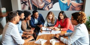 Group of business people discussing franchise strategies at a table.