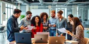 Group of entrepreneurs collaborating in a vibrant office environment.