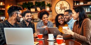 Entrepreneurs brainstorming in a cozy café setting.