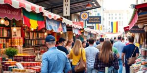 Piață aglomerată din România cu diverse standuri comerciale.