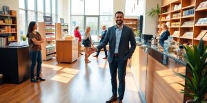 Antreprenor zâmbitor în magazin modern alături de partener de franciză