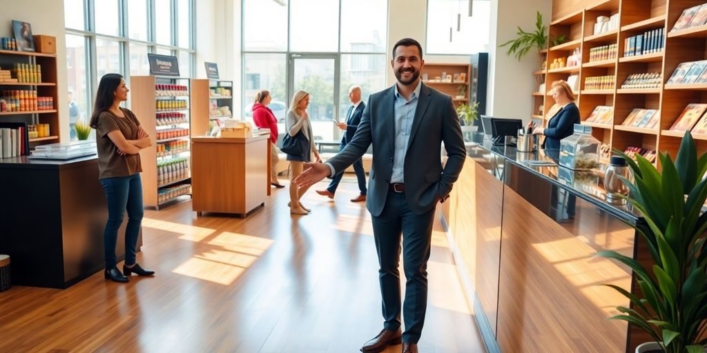 Antreprenor zâmbitor în magazin modern alături de partener de franciză