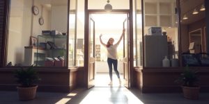 O persoană zâmbitoare deschide o ușă nouă.