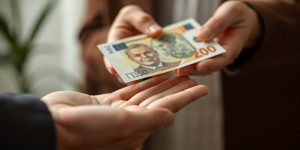 O mână oferind o bancnotă unei alte mâini.
