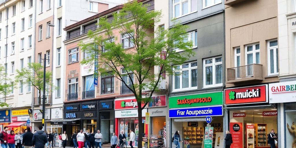 Străzi vibrante cu fațade colorate de afaceri.